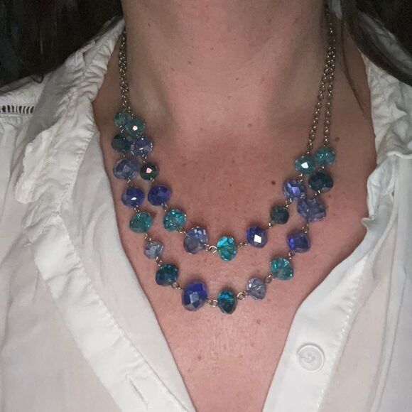 Cobalt & Sky Blue Crystals Double Strand Layer Beaded Women’s Necklace - Picture 9 of 9